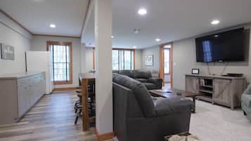 Smart TV, fireplace, DVD player, video library