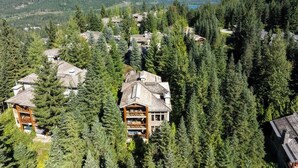 Ein Resort mit mehreren Chaletgebäuden, umgeben von dichtem Wald und Bergen im Hintergrund.
