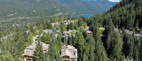 Um resort com vários edifícios rodeado por uma floresta densa e montanhas.