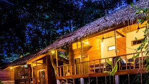 A wooden cabin with a thatched roof, large windows, and a balcony with seating. - Amihan Bungalows (Cloud Nine) (General Luna)