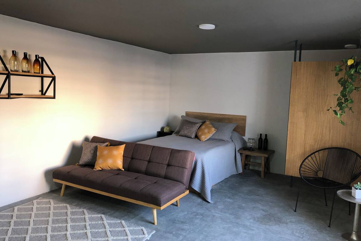 Une chambre à coucher moderne avec un lit, un canapé, une petite table et une chaise.