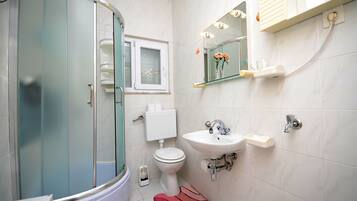 A bathroom with a glass-enclosed shower, a toilet, a sink, and a mirror with lights.