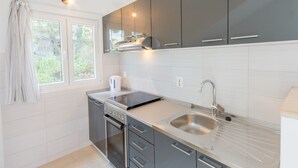 A modern kitchen with grey cabinets, a stainless steel sink, and a built-in oven. - Apartment Ante (Milna)