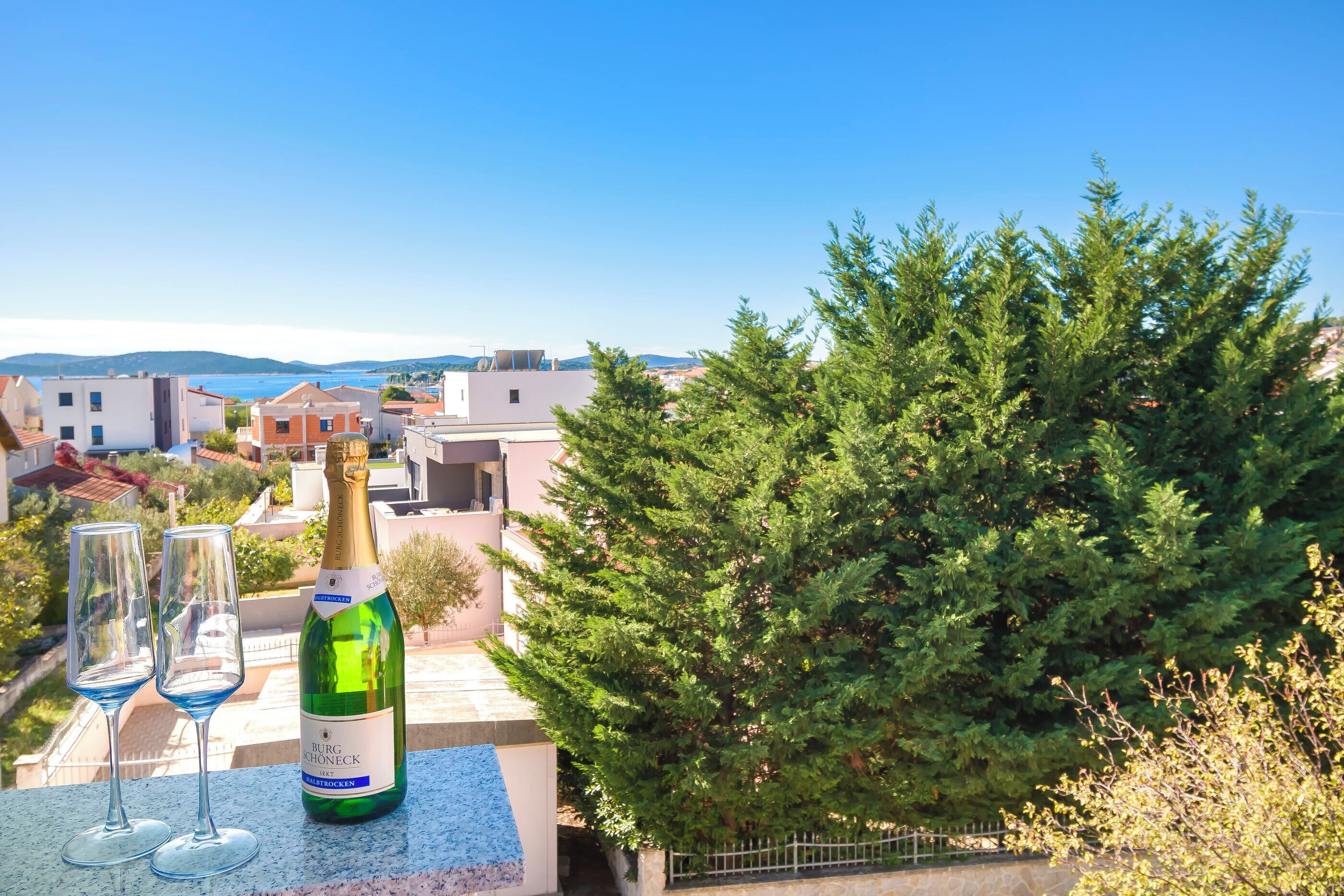 A bottle of wine and two glasses on a balcony with a view of a coastal town and a large evergreen tree.
