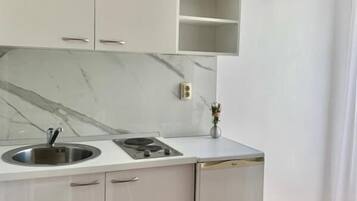 Apartment (A3) | Private kitchen | Fridge, stovetop, electric kettle, cookware/dishes/utensils
