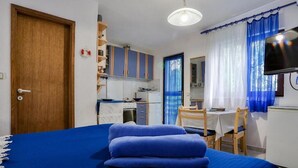 Una camera da letto con un letto, una scrivania, una sedia, una televisione e angolo cottura.