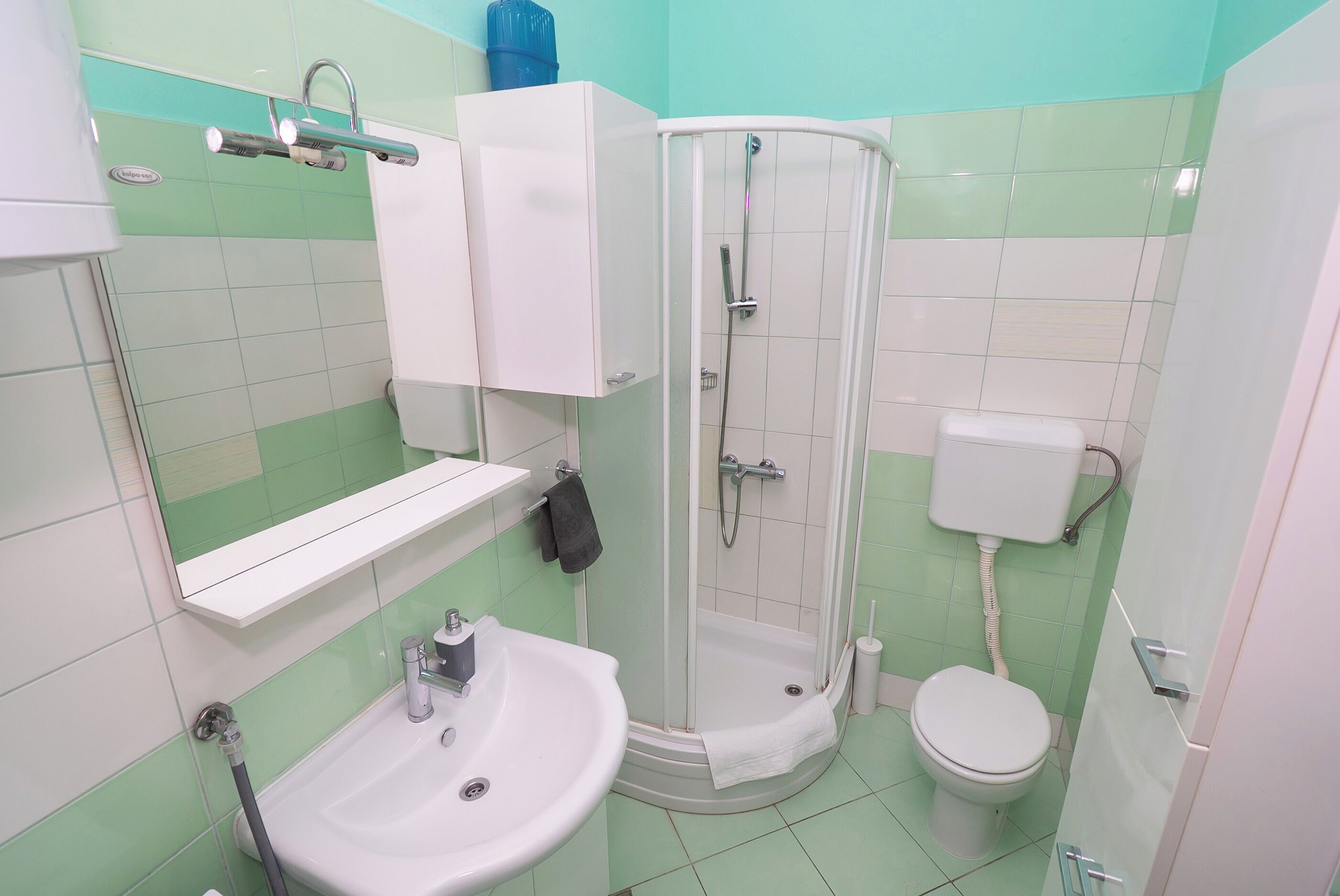 Une salle de bain équipée d’un lavabo, de toilettes et d’une douche.