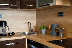 Apartment (A1) | Private kitchen | Fridge, microwave, oven, stovetop