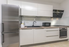 Apartment (A1) | Private kitchen | Fridge, microwave, oven, stovetop
