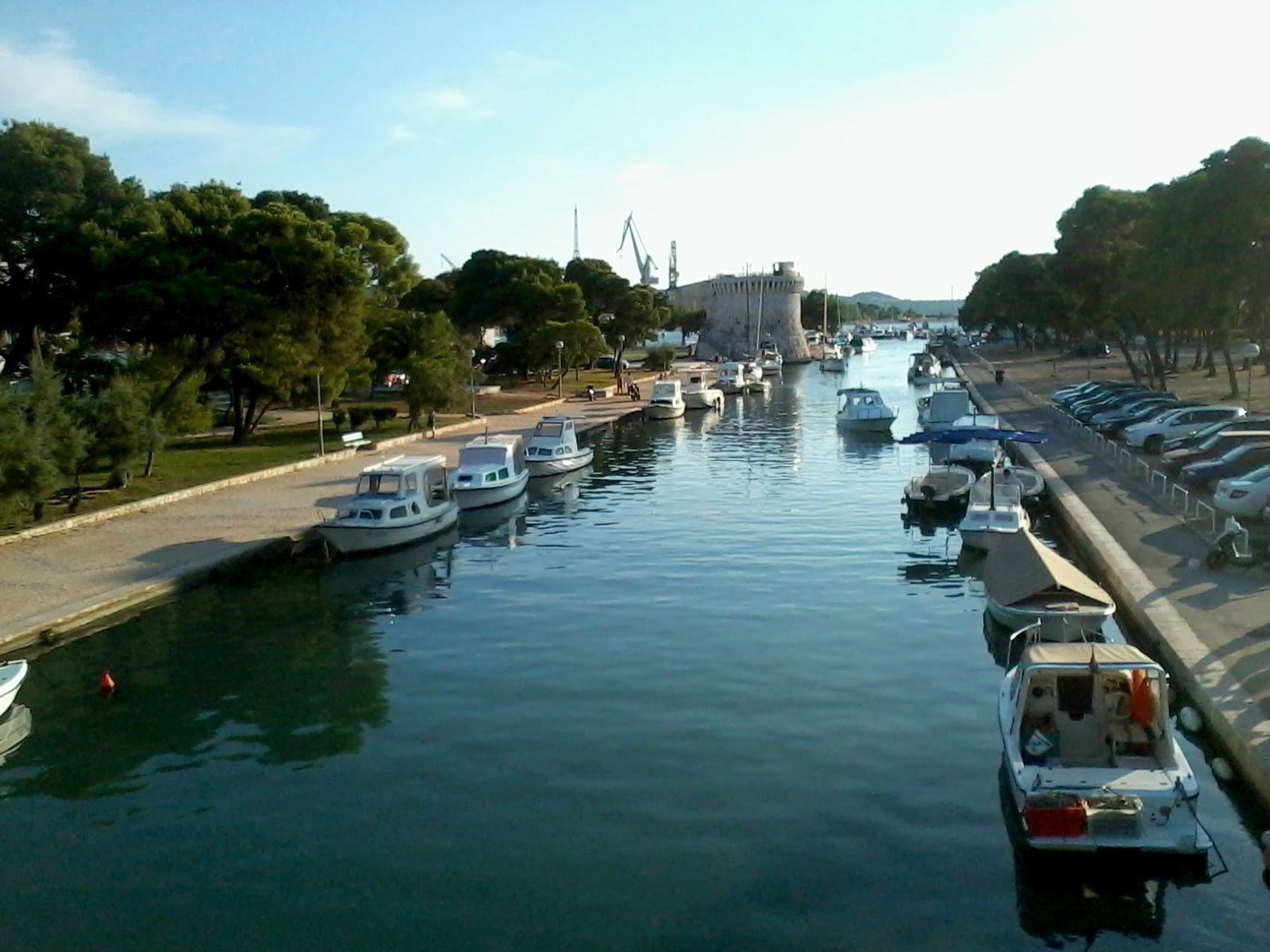 A marina with boats docked along a waterfront, a paved walkway, and a row of parked cars.