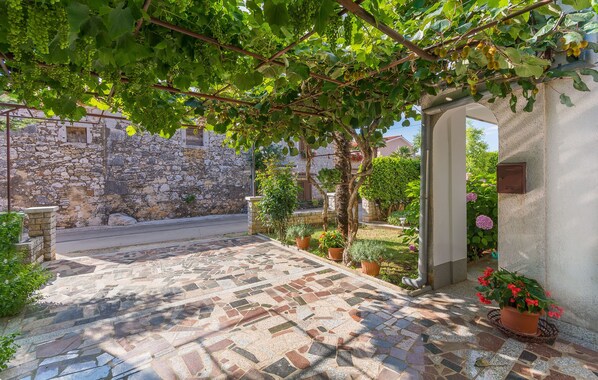 A stone courtyard with a tiled floor, potted plants, and a pergola with grapevines.