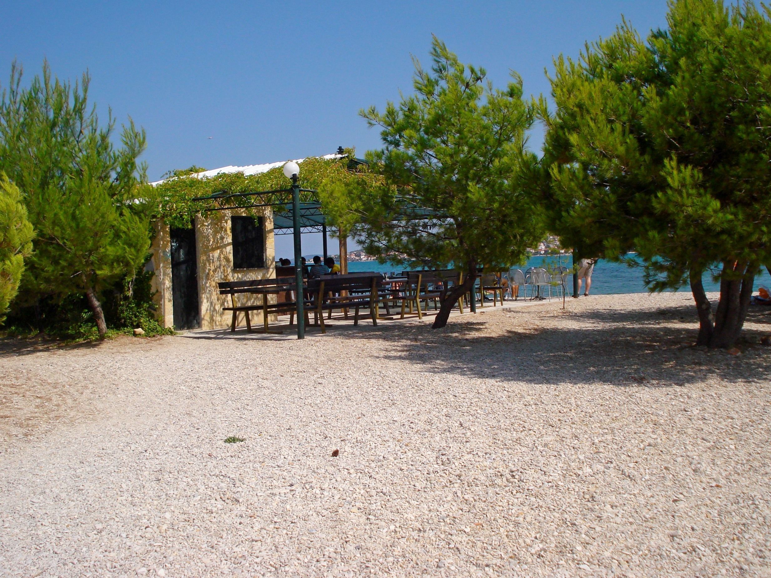 A rustic outdoor seating area with wooden benches and tables, surrounded by trees and a gravel ground.