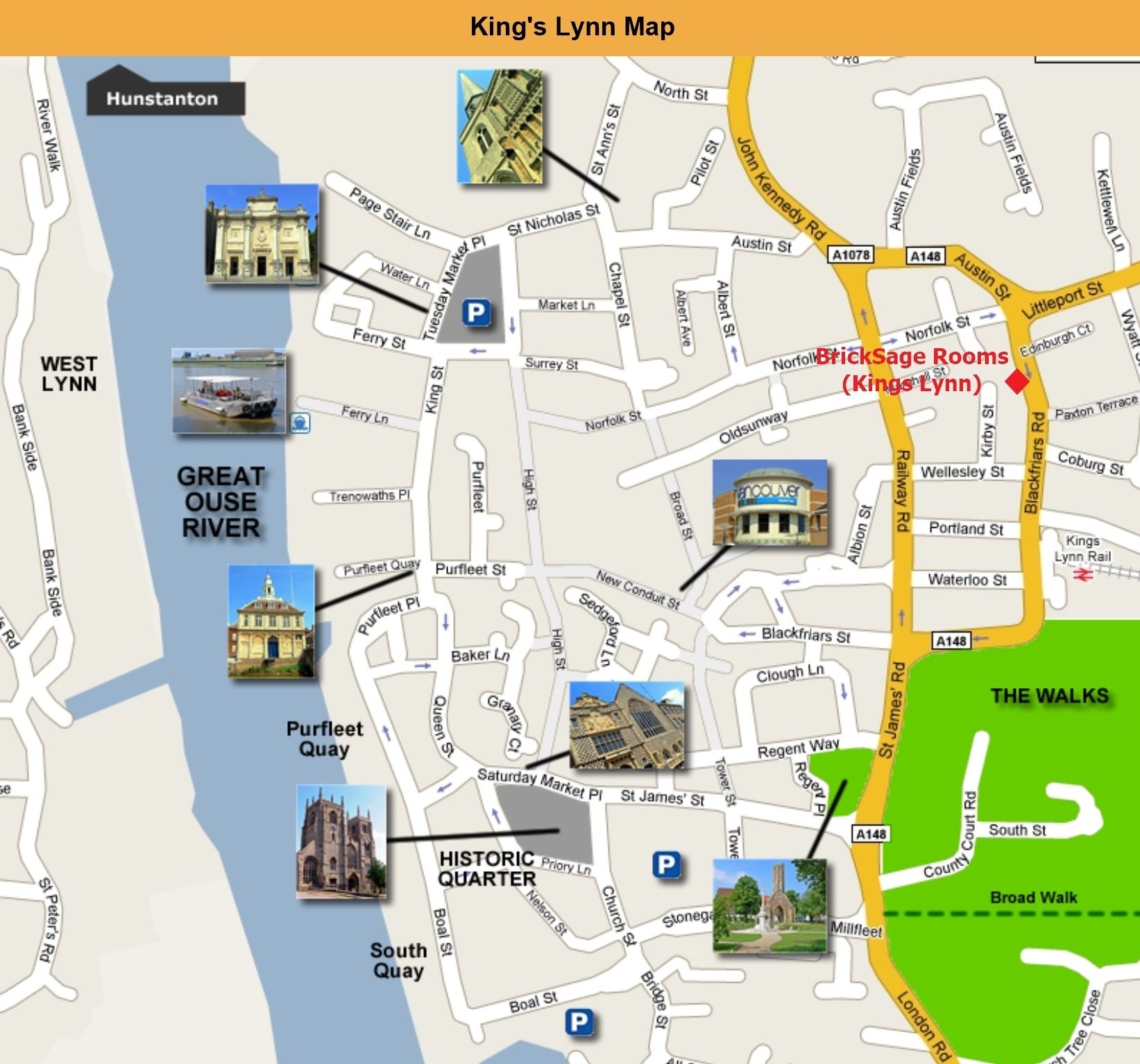 Une carte de King's Lynn indiquant les noms des rues, les principaux monuments et une zone verte appelée « The Walks ».