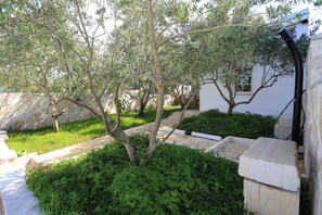 A garden with a stone pathway, a tree, and a white building with a window.