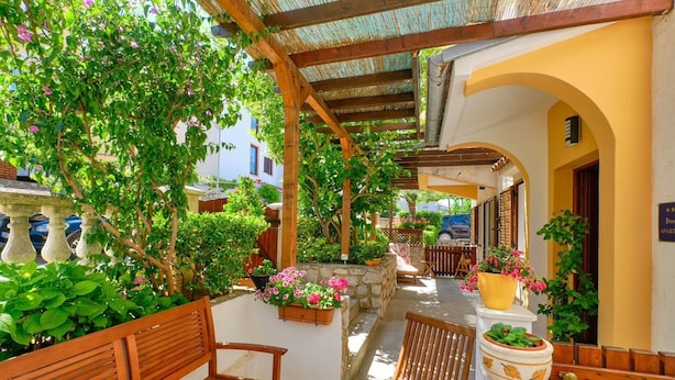 Un espacio al aire libre cubierto con bancos de madera y macetas con flores.