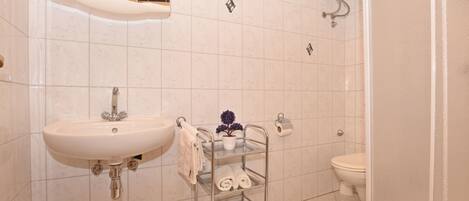 A bathroom with a sink, toilet, and shower.