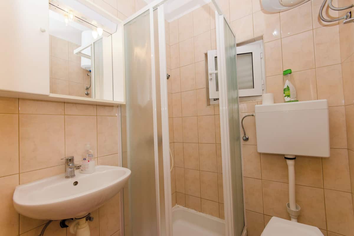 A bathroom with a sink, toilet, shower, and a mirror.