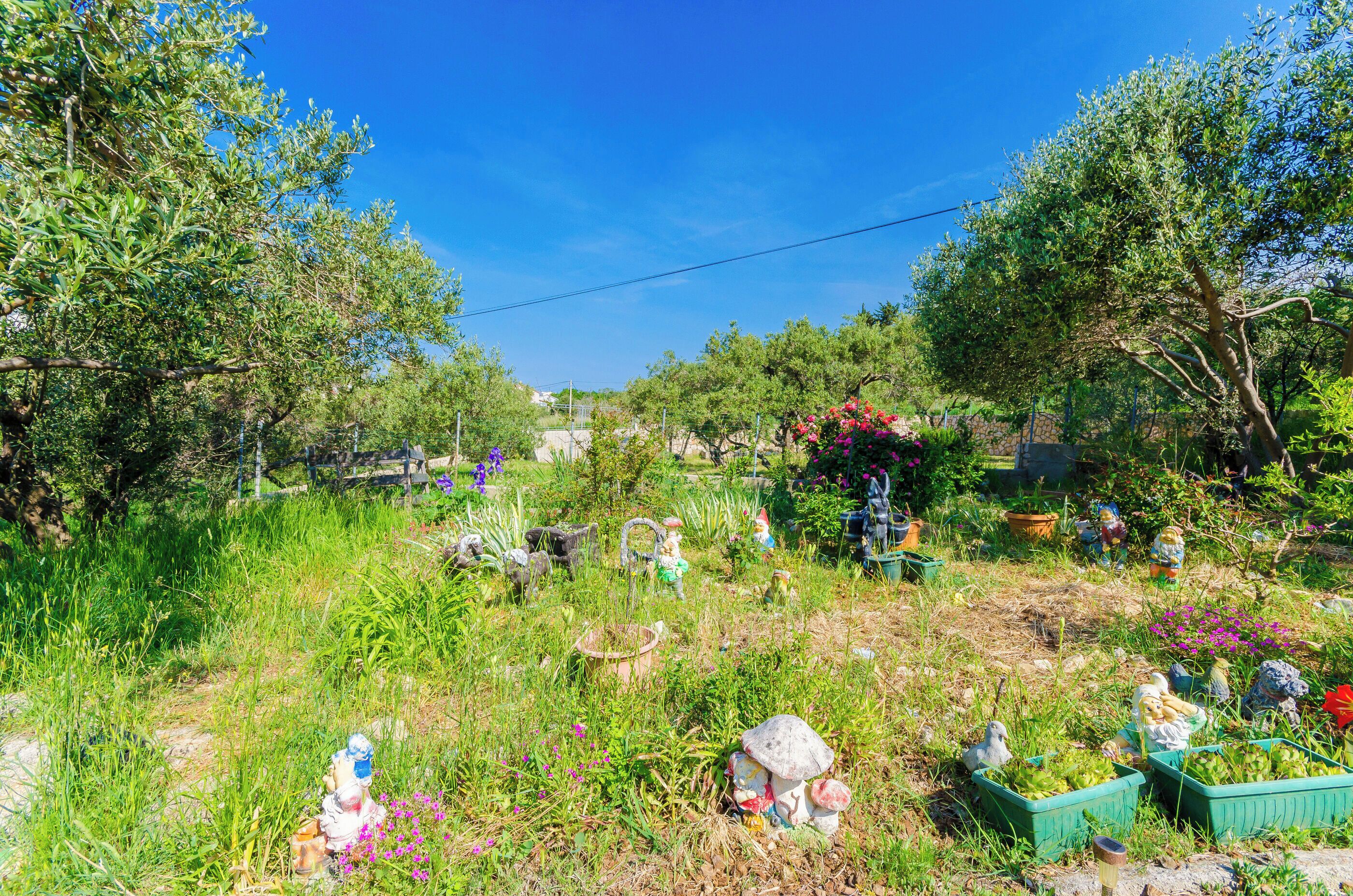 Un jardín con diversas plantas, flores y adornos.