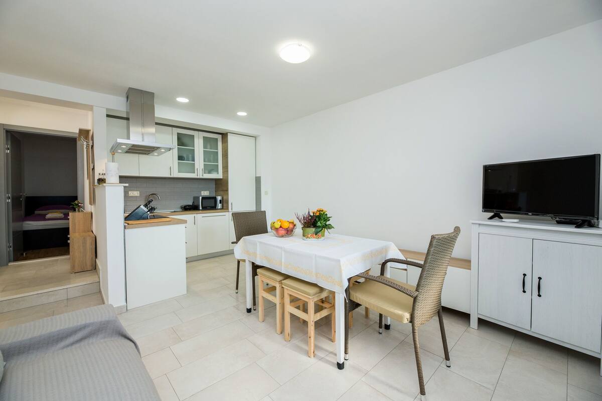 A compact living space with a kitchenette, dining area, and a TV.