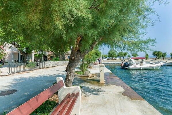 Relax on a serene waterfront bench with a clear view of the water, perfect for leisure activities.