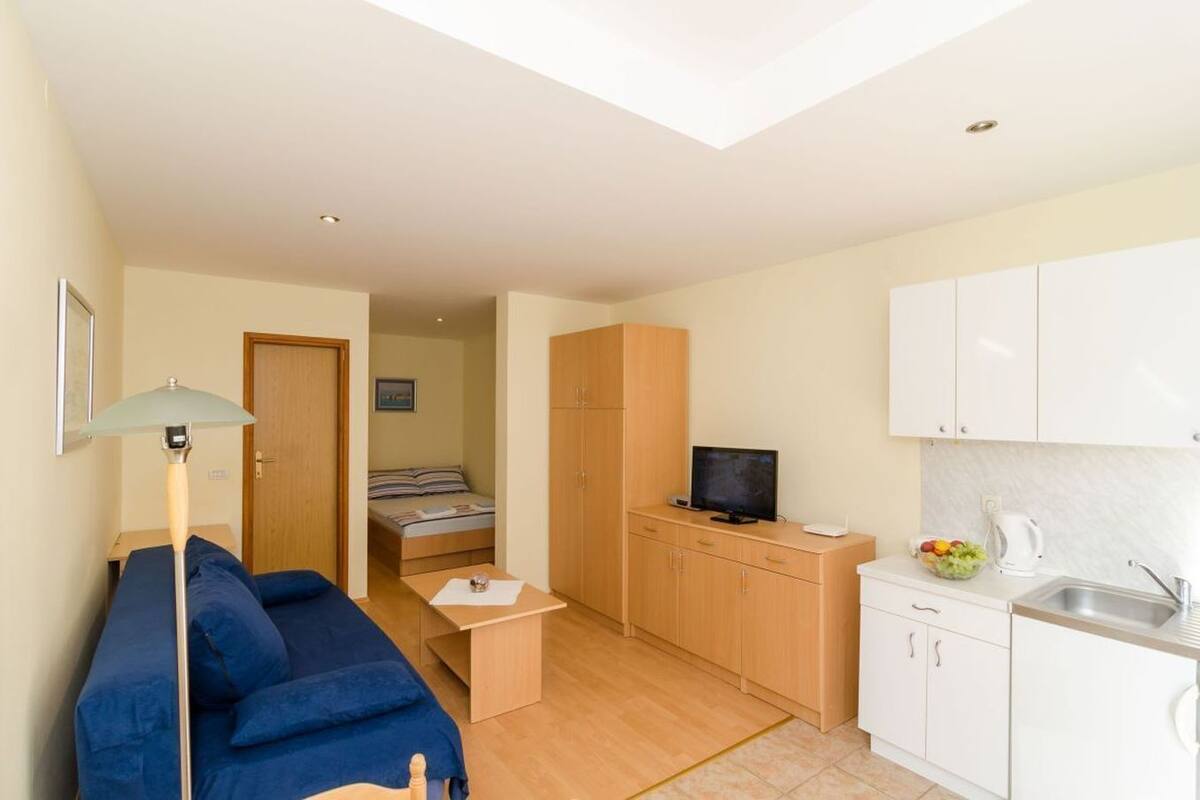 Um espaço compacto com cozinha compacta, cama, sofá e televisão.