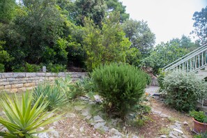 A garden with various plants, a stone wall, and a staircase. - Apartments Marjan (Smokvica)
