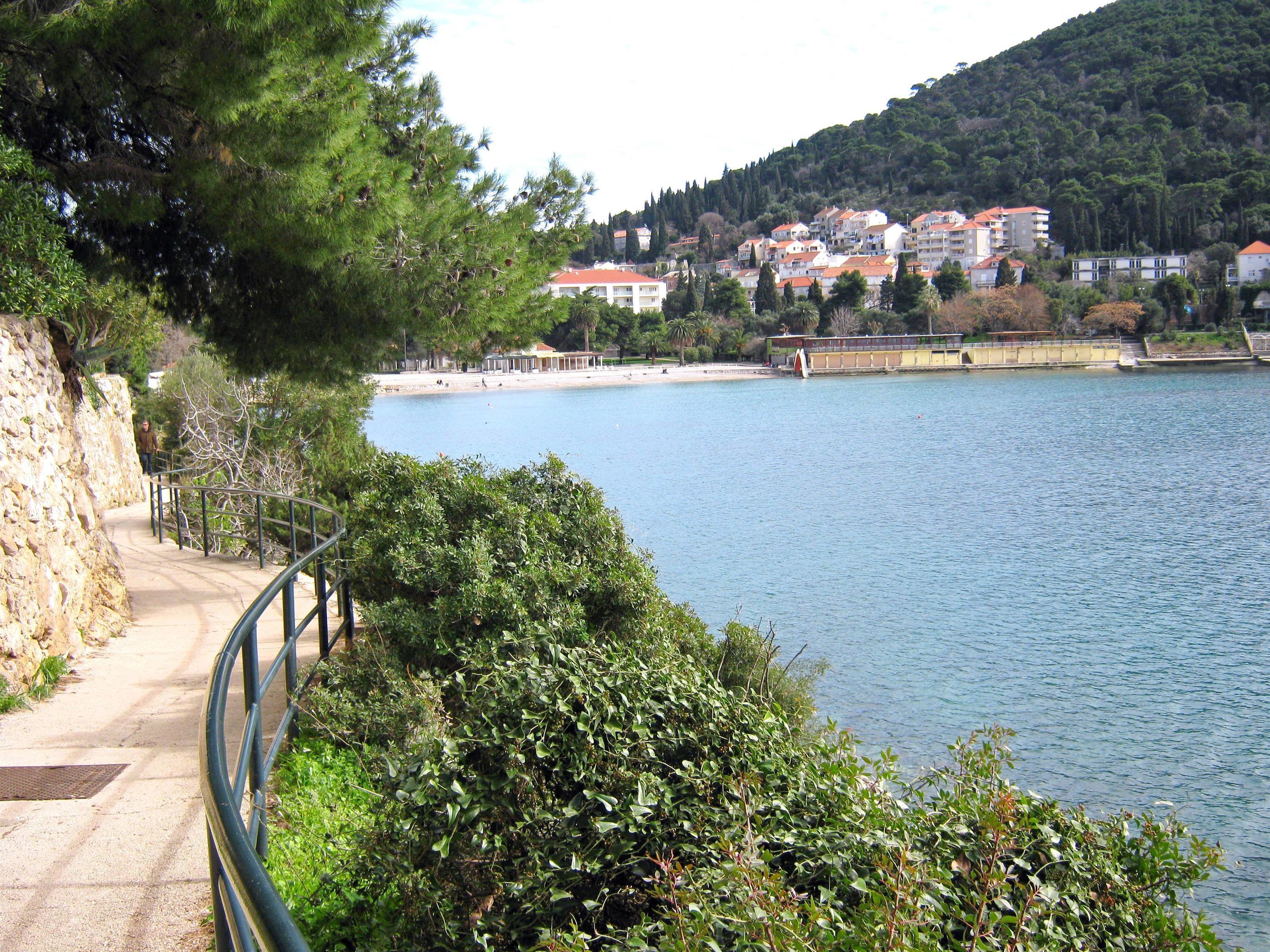 Eine Küstenlandschaft mit befestigtem Gehweg, dichter Bepflanzung und Blick auf Gebäude gegenüber dem Wasser.