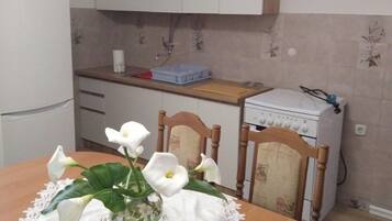 Apartment (A1) | Private kitchen | Fridge, oven, stovetop, electric kettle