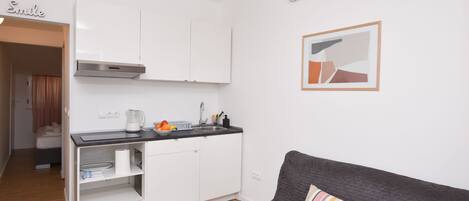 Een compacte leefruimte met een kitchenette, een grijze bank met een gestreept kussen, en een ingelijst abstract schilderij aan de muur.