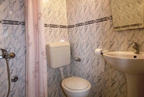 Een badkamer met toilet, wastafel en douche.