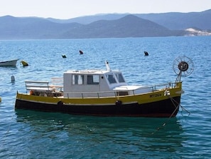 Een kleine gele en zwarte boot genaamd MT1384 op kalm water, met bergen op de achtergrond.