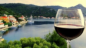 A glass of red wine with a view of a river, boats, and buildings along the shore. - Apartments Graciela (Zaklopatica)