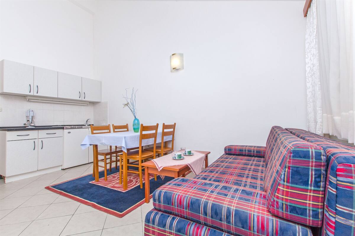 A compact living space with a kitchenette, a dining area with a table and chairs, and a sofa with a plaid cover.