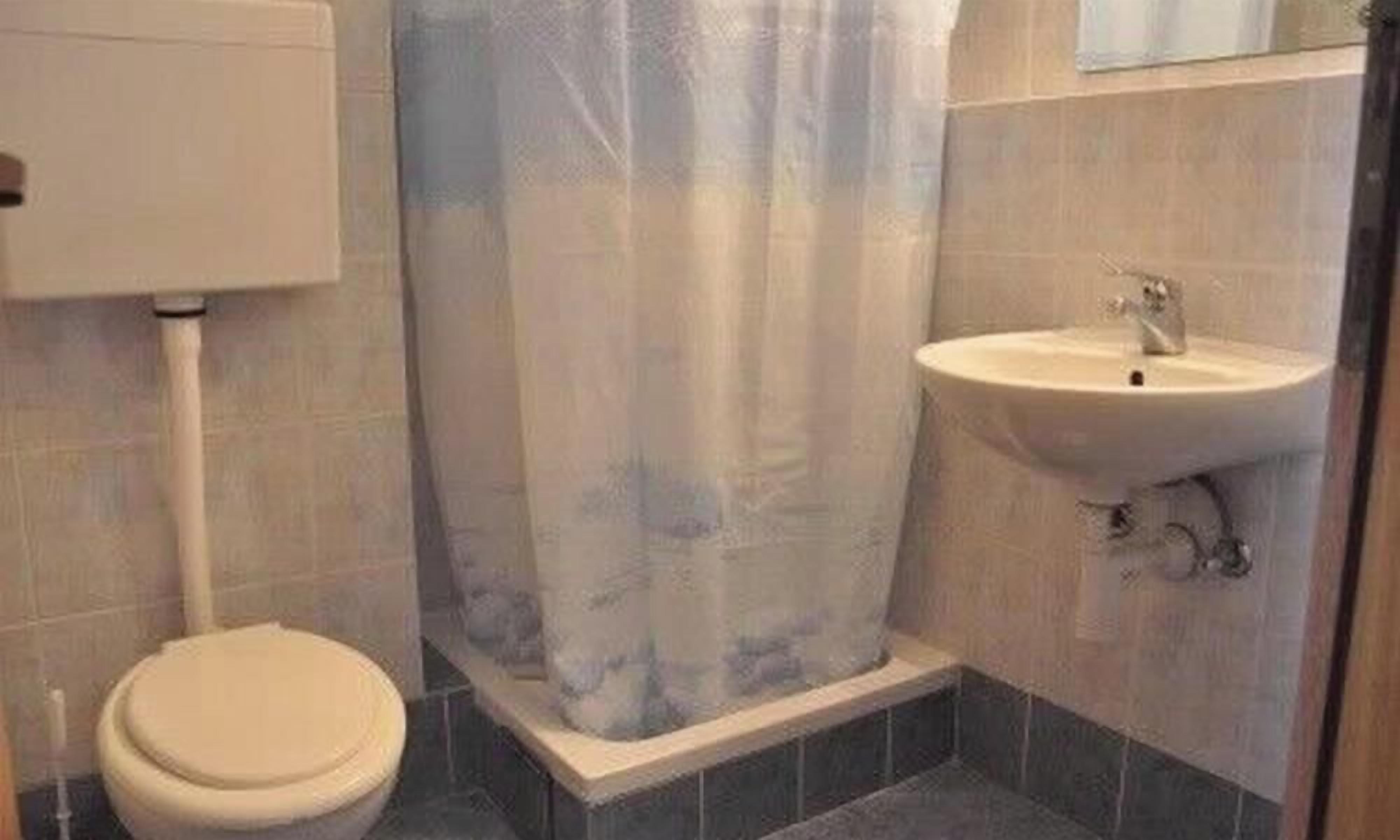 Een badkamer met toilet, wastafel en douchegordijn.