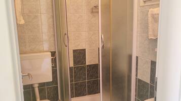 A corner bathroom with a glass-enclosed shower, a toilet, and a sink.