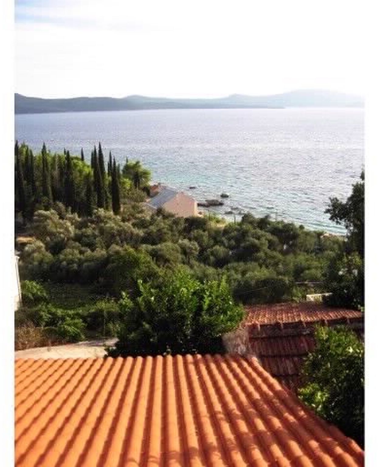 Μια παραθαλάσσια θέα με ένα σπίτι που περιβάλλεται από πράσινο και προσφέρει καθαρή θέα στη θάλασσα.