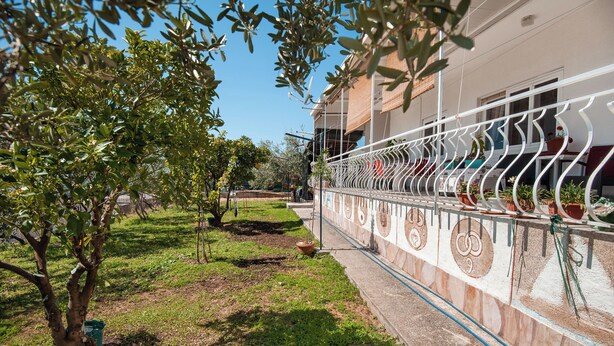 Un'area giardino con recinzione in metallo, vasi con piante e un edificio con balcone.