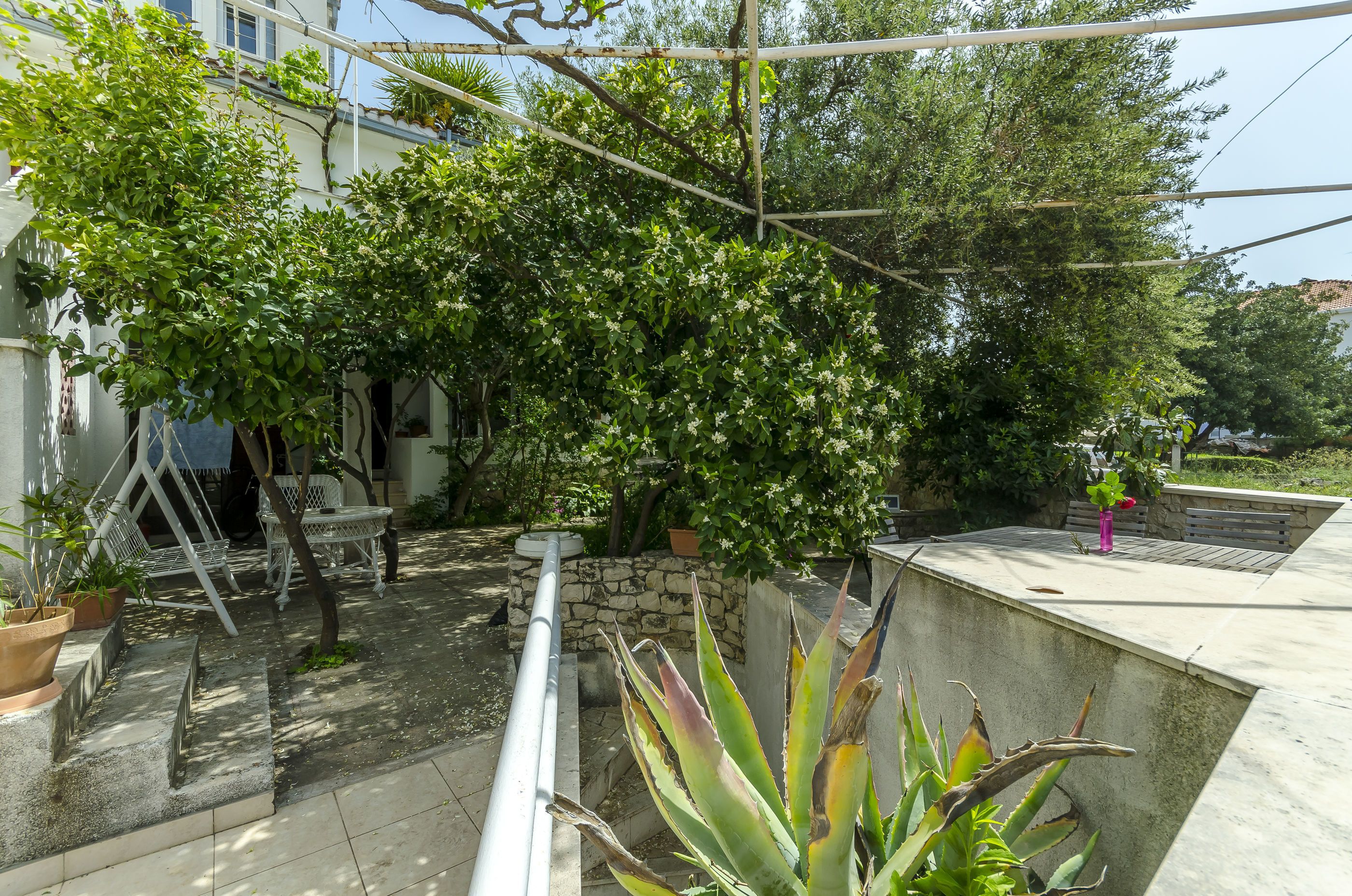 A courtyard with potted plants, a stone wall, and a metal railing.