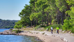 A coastal path with cyclists, a bench, and a clear view of the sea and forested hills. - Apartments Jerkunica (Rogoznica)