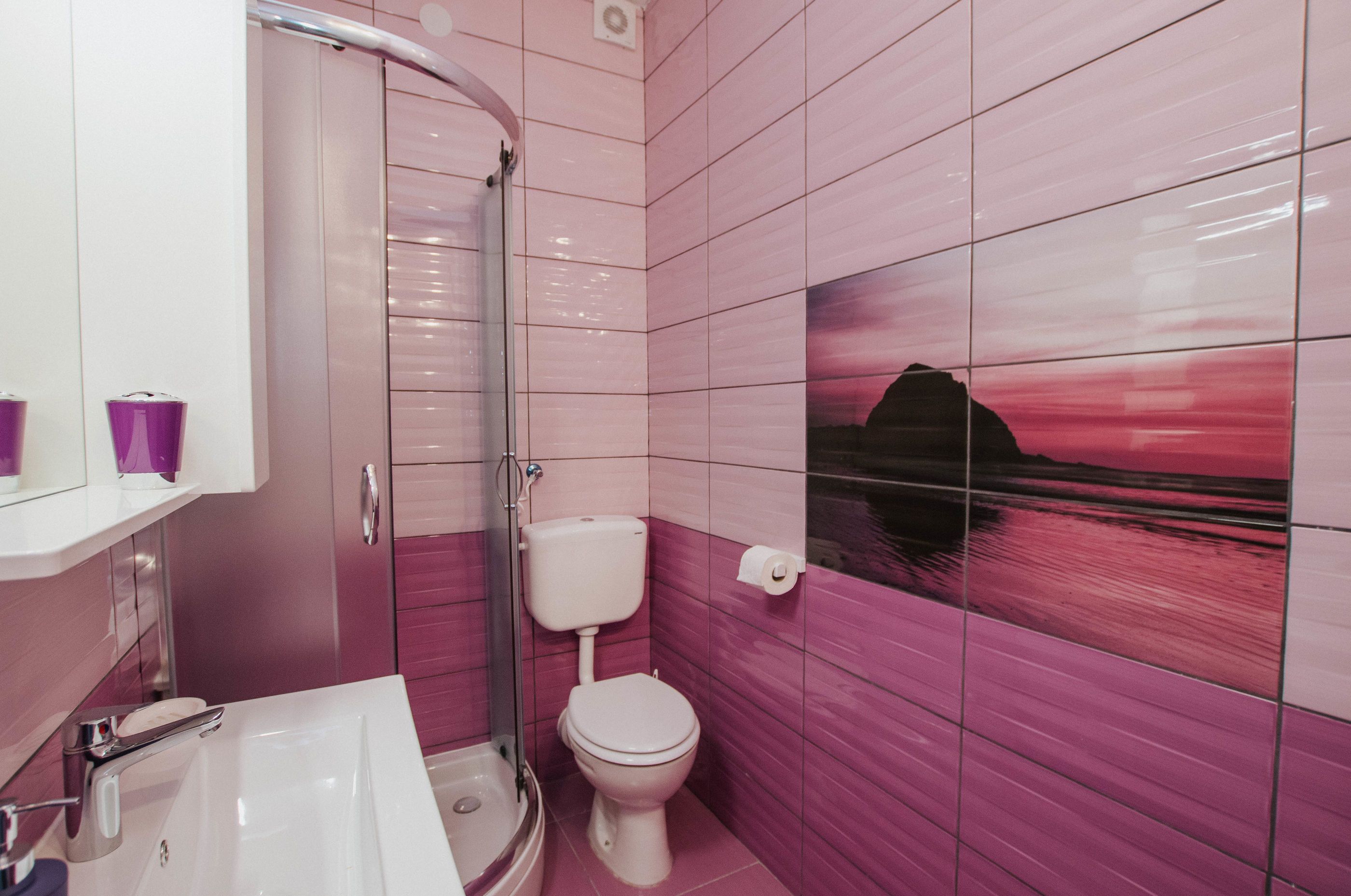 Une salle de bain avec des carreaux roses, des toilettes blanches, une douche et un lavabo.