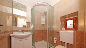A bathroom with a glass-enclosed shower, a sink, a toilet, and a mirror. - House Paklenica Stone Beauty (Starigrad - Paklenica)