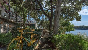 A stone pathway leading to a building with a yellow bicycle parked nearby. - House Sea Rose (Zastrazisce)