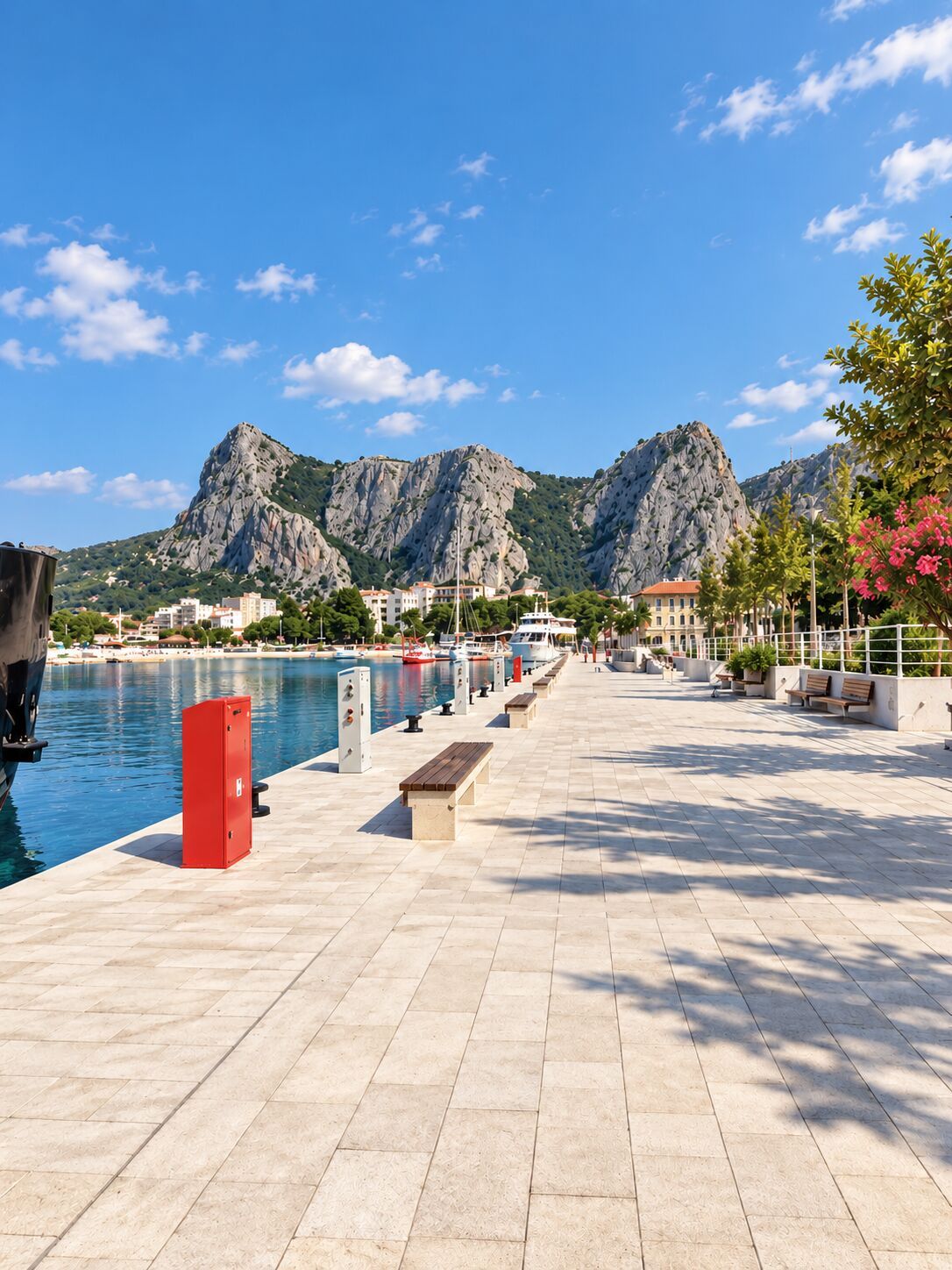 A waterfront promenade with benches, a red firebox, and boats docked.