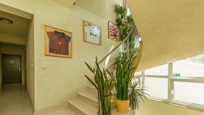 Un escalier agrémenté de plantes en pot, de maillots de sport encadrés et offrant une vue sur l’extérieur.