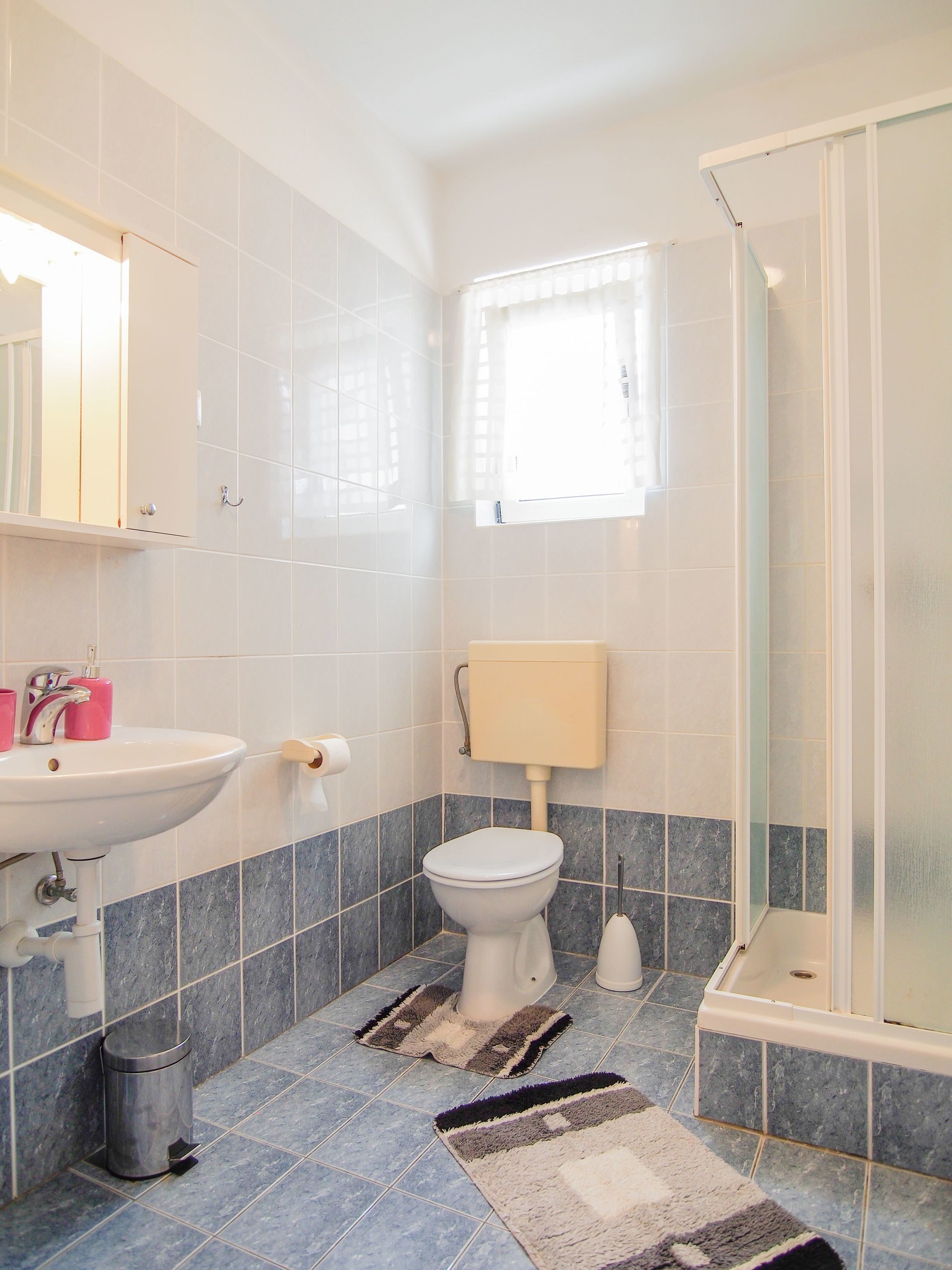 Une salle de bain avec un lavabo, des toilettes et une douche.