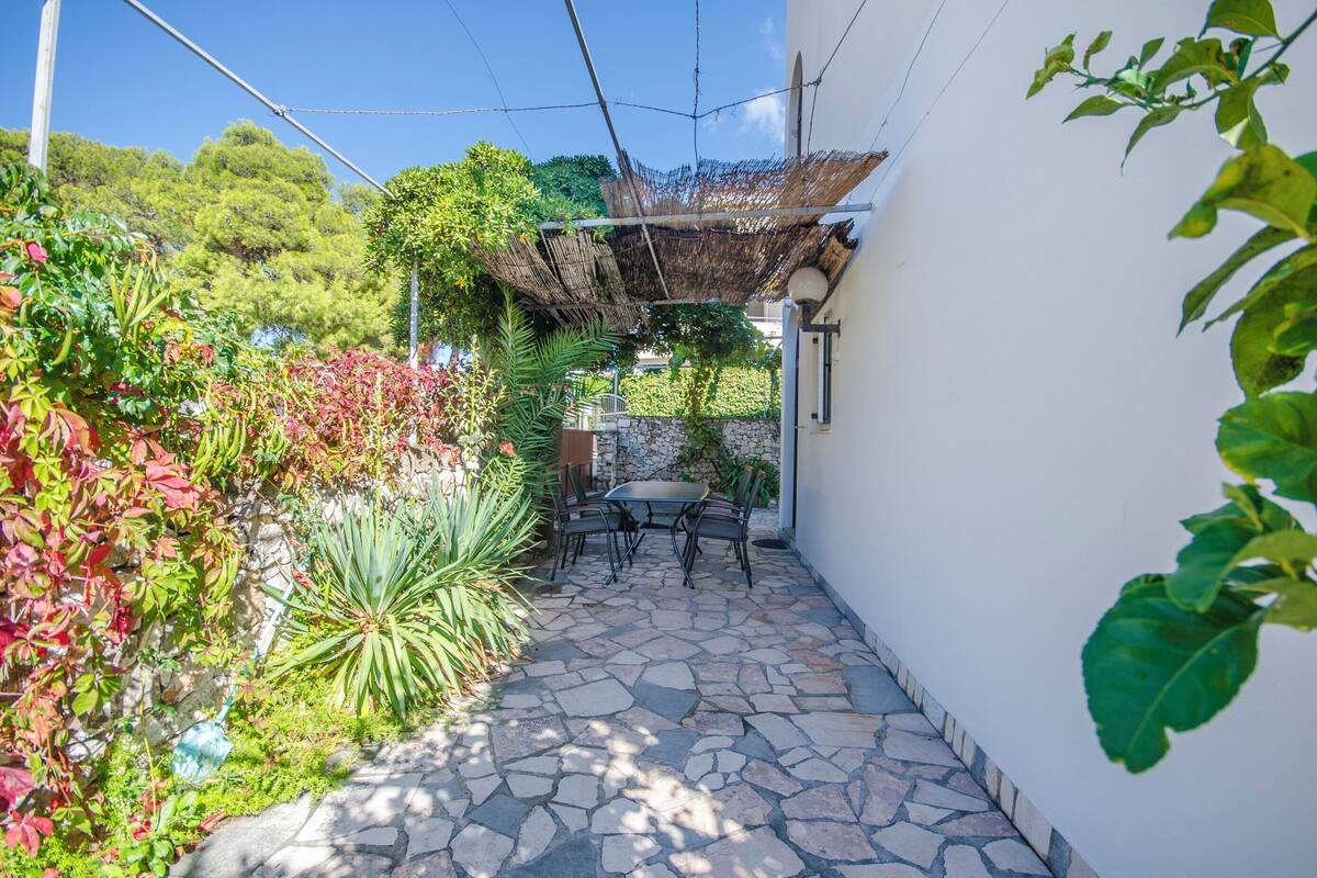 A stone-paved patio with a table and chairs, surrounded by lush greenery and a pergola.