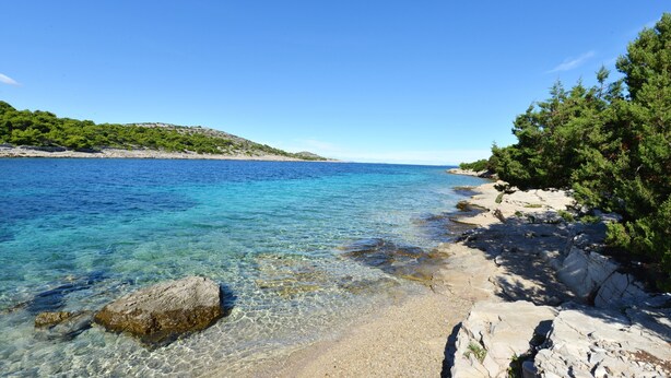 Un paysage côtier caractérisé par une eau limpide, une côte rocheuse et une végétation luxuriante.