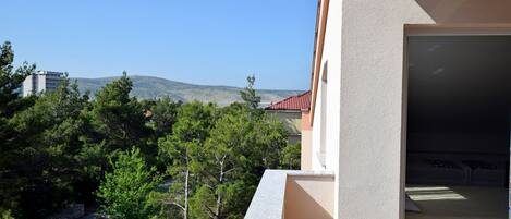 A balcony with a view of a mountain, trees, and a road.