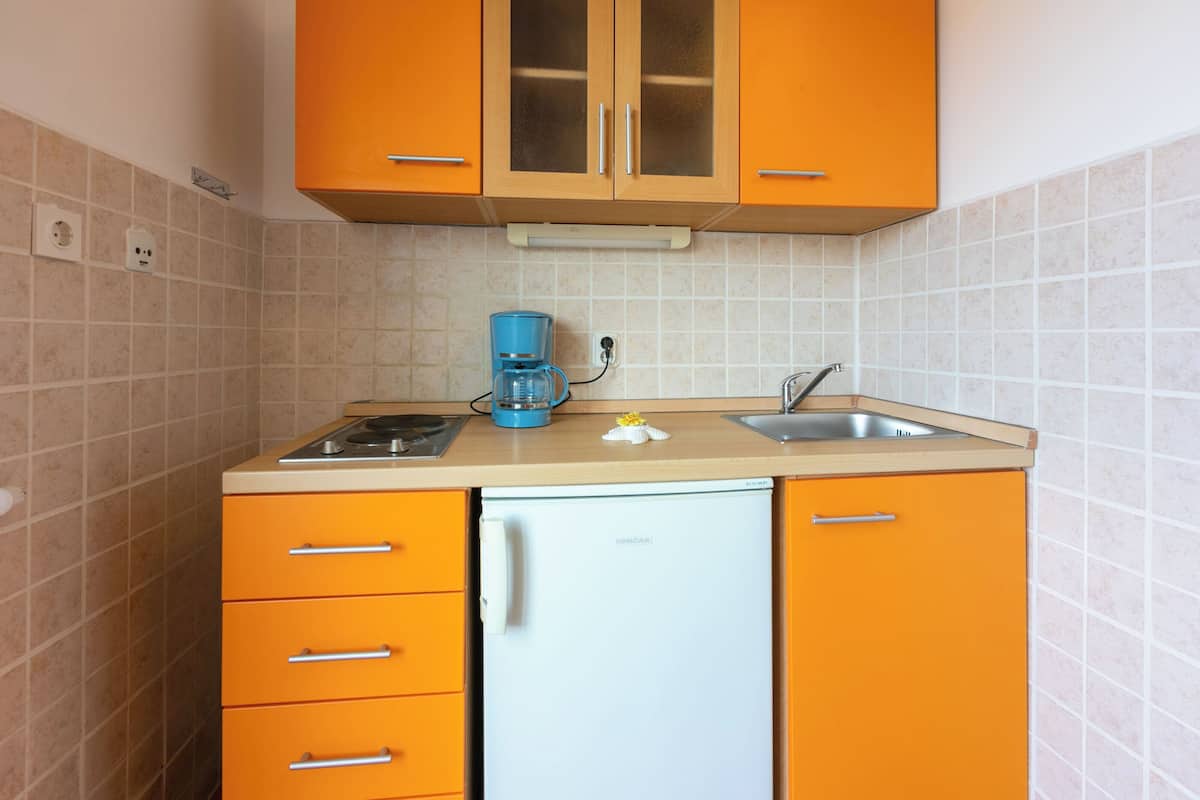 Espresso maker, fridge, stovetop, electric kettle