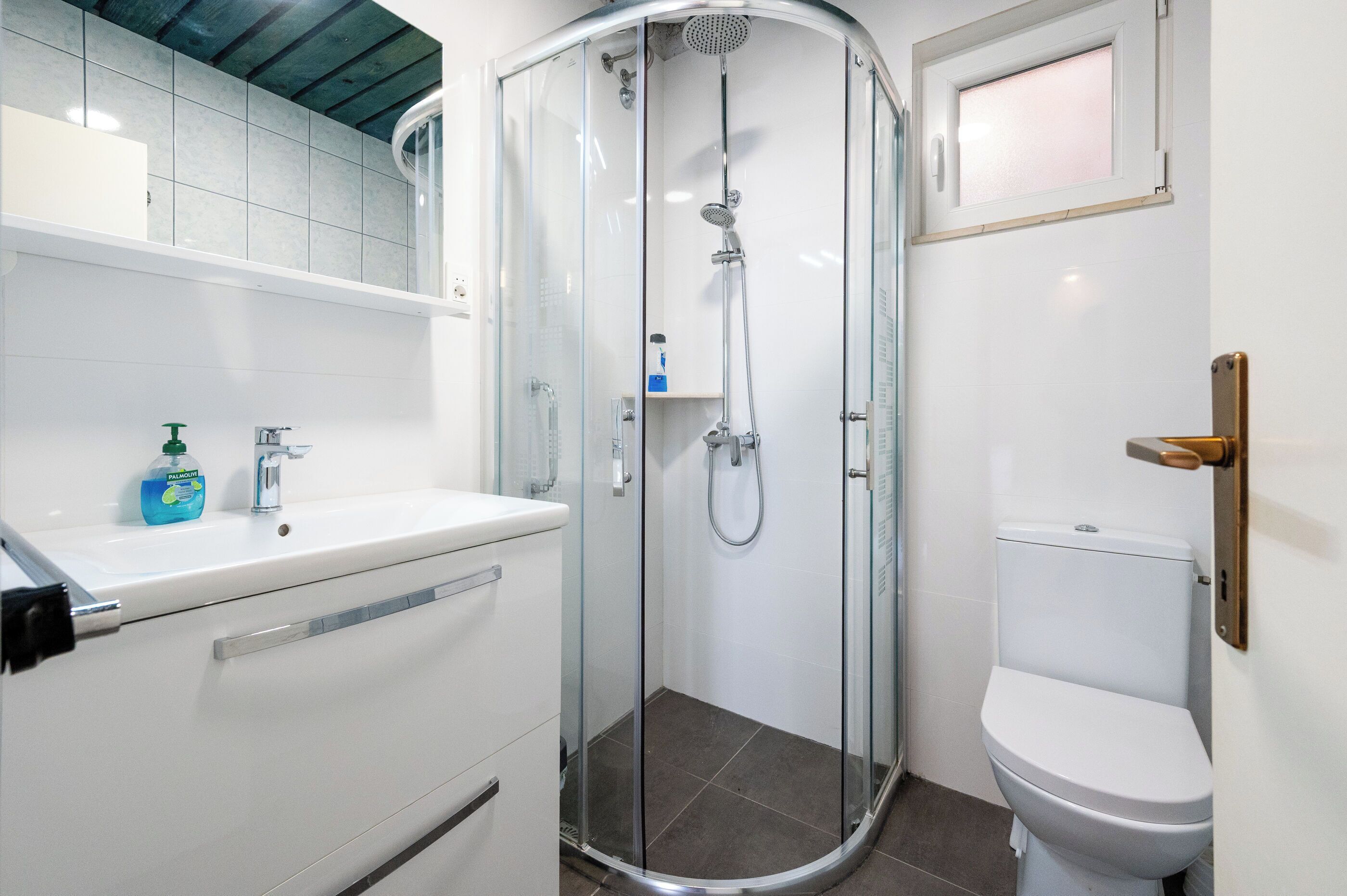 A bathroom with a glass-enclosed shower, a white toilet, and a sink with a soap dispenser.
